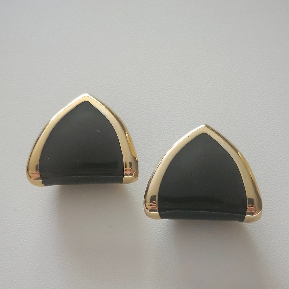Vintage Monet Black Enamel Gold Tone Triangle Geometric Pierced Post Earrings